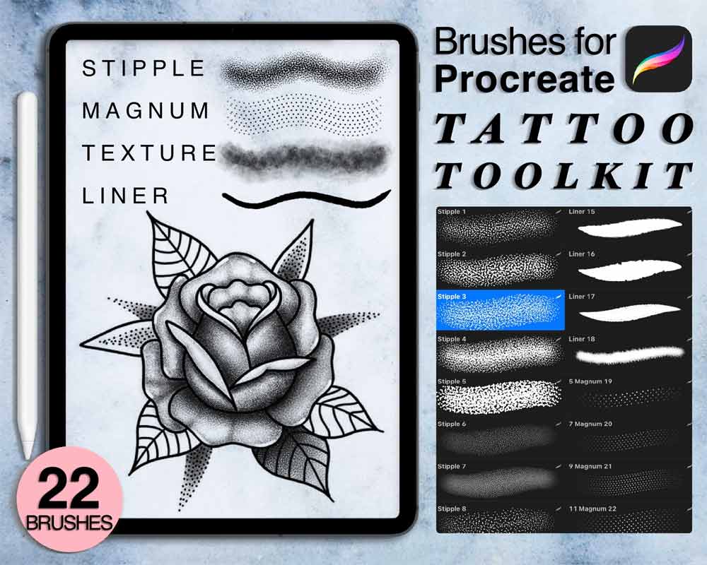 22 Tattoo toolkit procreate brushes | stipple brushes | magnum brushes