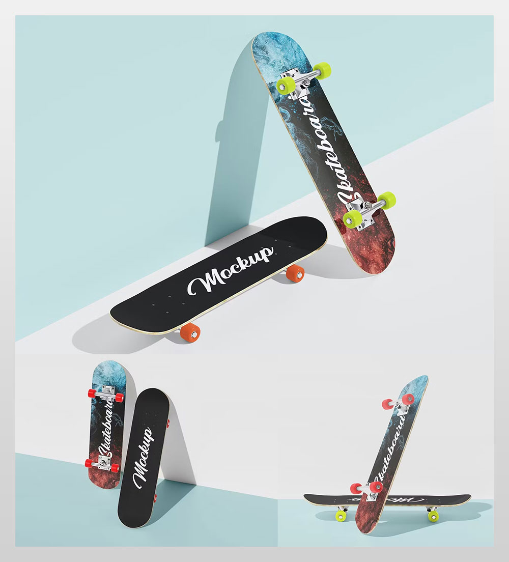 6 PSD Fully Editable Skateboard Mockups 
